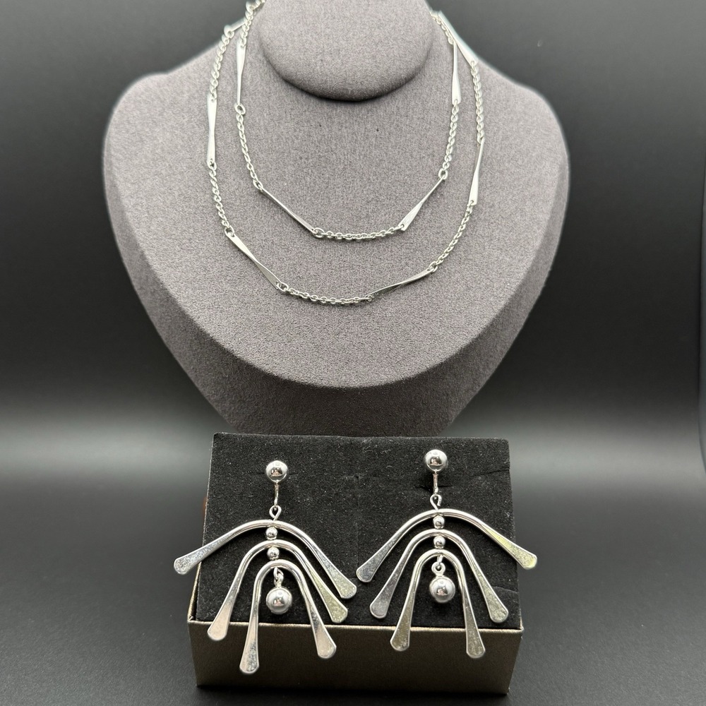 Vintage Silver Tone Bar Link Necklace & Clip On Dangle Earrings Modern Geometric